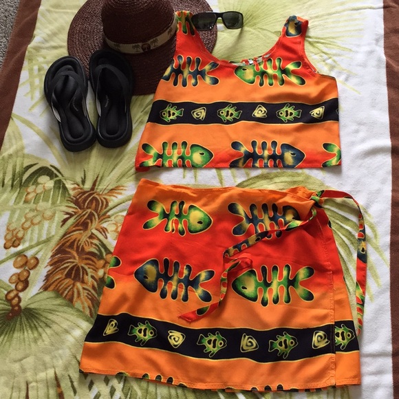 Other - Two piece wrap around fish print swimsuit coverup